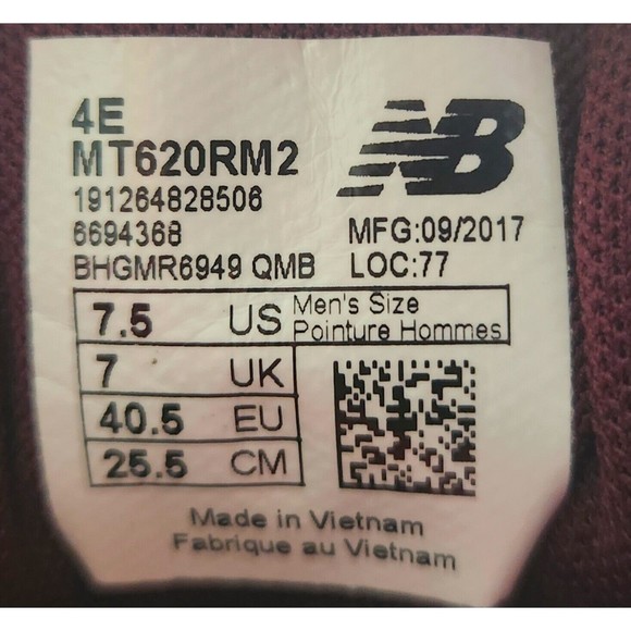 New Balance Men's 620 V2 Trail GUM Soles Running Shoe in 7.5 Maroon MT620RM2 New - Picture 10 of 10